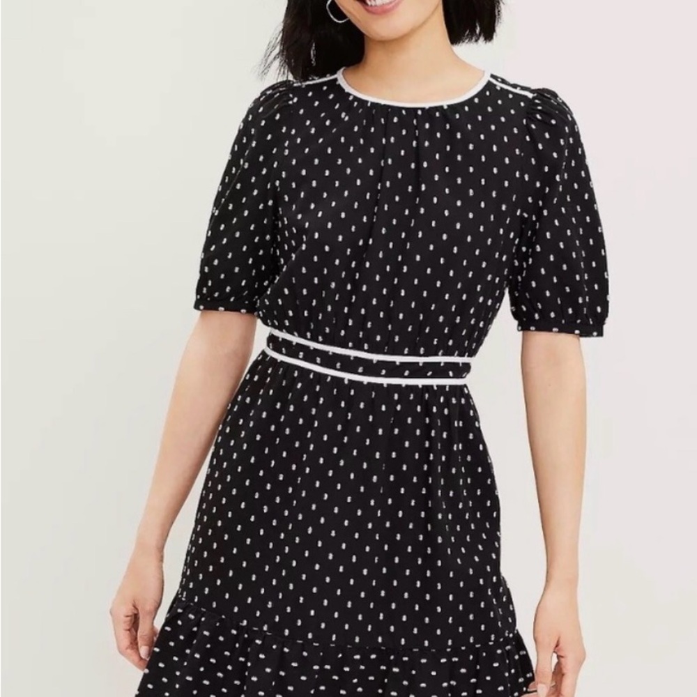 LOFT Black Polka Dot Puff Sleeve Midi Dress with White Trim